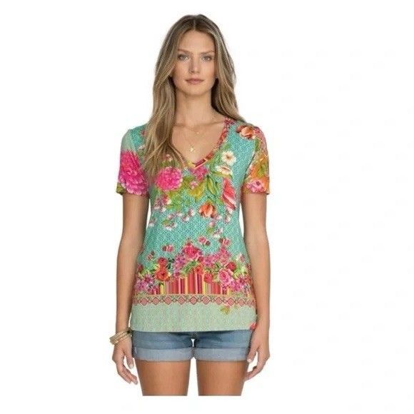 Johnny Was Art To Wear Bamboo Mona May Top Women’s XXS Pink Multi Short Sleeve - Picture 1 of 10